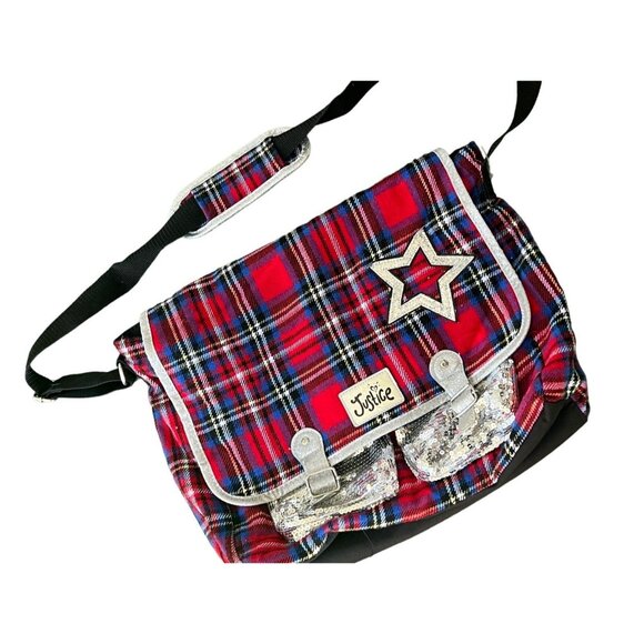 Justice plaid glitter Star laptop messenger bag NEW - Picture 2 of 11
